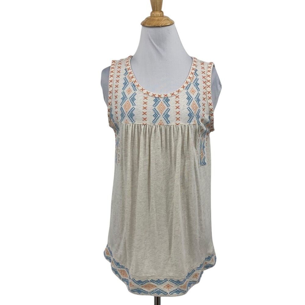 Sundance Tank Top Womens XS Extra Small Beige Cotton Pleated Boho Embroidered